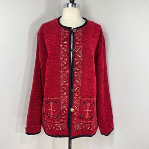 Vintage White Stag Ruby Red Beaded Velour Jacket Large Lined Embroidered Holiday